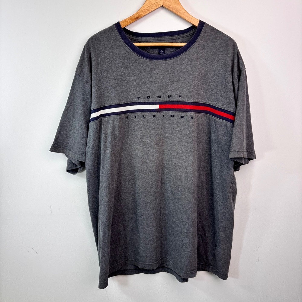 Tommy Hilfiger Flag Stripe T Shirt Gray Navy Red White XXL Y2K Preppy